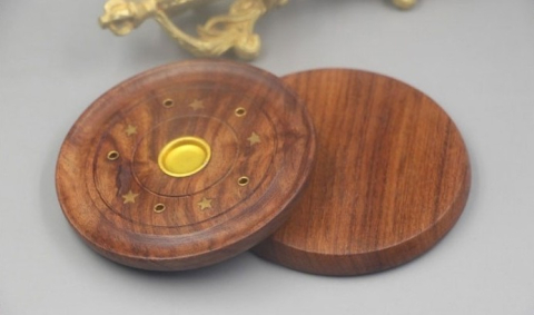 Suport aromaterapie lemn pentru betisoare si conuri parfumate, rotund 9.5 cm, maro, colectare cenusa si protectie suprafete [4]