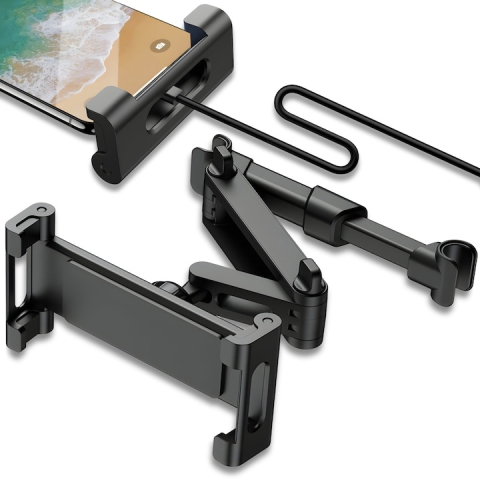 Suport auto pentru telefon si tableta, montare pe tetiera, brat extensibil, rotatie 360°, compatibil 4.7–12.9 inch, sistem stabil, aluminiu si silicon, negru [2]