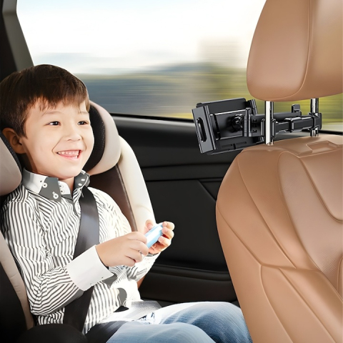 Suport auto pentru telefon si tableta, montare pe tetiera, brat extensibil, rotatie 360°, compatibil 4.7–12.9 inch, sistem stabil, aluminiu si silicon, negru [7]