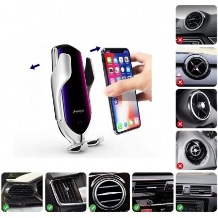 Suport auto telefon cu incarcate rapida wireless, fixare pe grila de ventilatie - Argintiu [3]