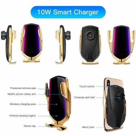 Suport auto cu incarcator wireless Fast Charge,senzor inteligent Smart Sensor R1,USBSuport auto telefon cu incarcate rapida wireless, fixare pe grila de ventilatie - Auriu [4]