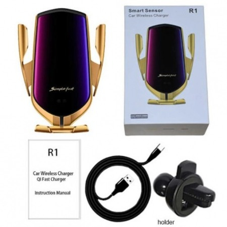 Suport auto cu incarcator wireless Fast Charge,senzor inteligent Smart Sensor R1,USBSuport auto telefon cu incarcate rapida wireless, fixare pe grila de ventilatie - Auriu [2]