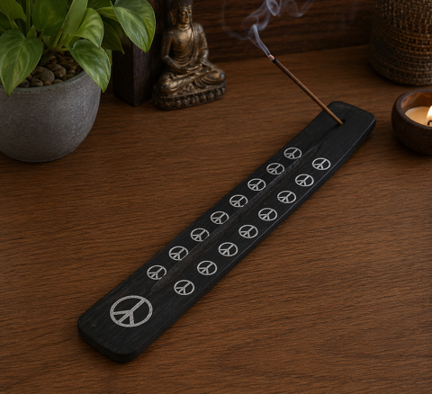 Suport betisoare parfumate din lemn, model simbol pace, lungime 26 cm, negru, suport ardere aromaterapie [3]