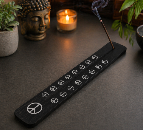 Suport betisoare parfumate din lemn, model simbol pace, lungime 26 cm, negru, suport ardere aromaterapie [1]