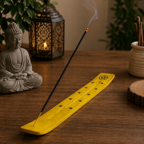 Suport betisoare parfumate lemn galben 26 cm tava ardere aromaterapie colectare cenusa design simboluri stele [2]