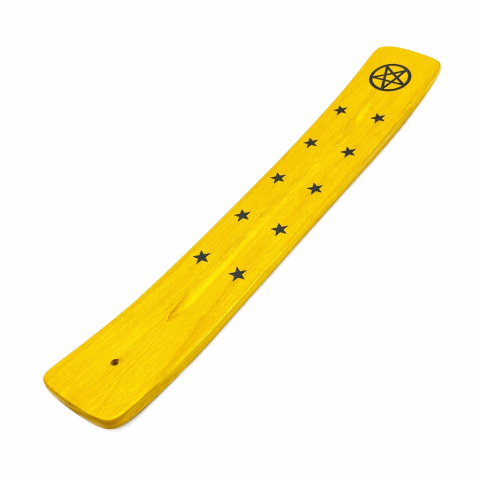 Odorizante - Suport betisoare parfumate lemn galben 26 cm tava ardere aromaterapie colectare cenusa design simboluri stele