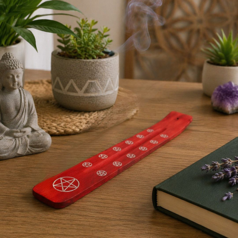 Suport betisoare parfumate lemn rosu portocaliu 26 cm tava ardere aromaterapie colectare cenusa design simboluri decorative [3]