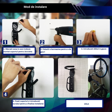 Suport de perete pentru bicicleta, suspendabil, cu protectie pentru bara de prindere, 25.5 x 7 x 13 cm, negru – solutie practica pentru depozitare eficienta si sigura [13]