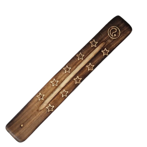 CASA & GRADINA - Suport din lemn pentru betisoare parfumate, handmade, model Yin-Yang si stele, suport cenusa pentru aromaterapie si meditatie