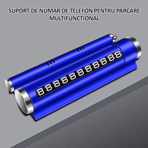 Suport numar telefon parcare auto multifunctional, suport telefon, spargere geam, compartiment parfum, aluminiu PC, albastru [3]