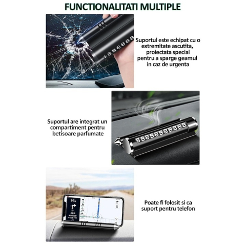 Suport numar telefon parcare auto multifunctional, suport telefon, spargere geam, compartiment parfum, aluminiu PC, rosu [2]
