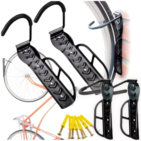 Accesorii ciclism - Suport perete bicicleta, set 2 carlige metalice, montaj vertical, rezistenta 30 kg, negru