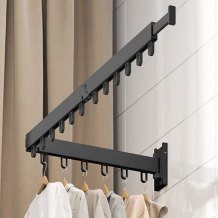 Suport pliabil extensibil perete pentru uscare haine, 114 cm, 18 carlige rotative, aluminiu, negru [10]