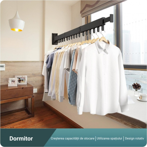 Suport pliabil extensibil perete pentru uscare haine, 114 cm, 18 carlige rotative, aluminiu, negru [4]
