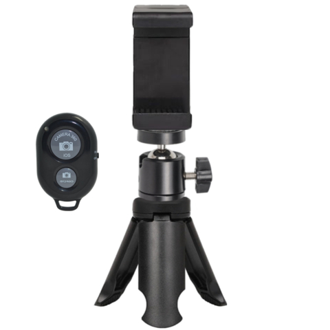 Trepiezi & Diverse - Suport smartphone pentru trepied cu prindere pe arcuri, cap rotativ 360° si telecomanda bluetooth universala, deschidere 5.5–8 cm, montura 1/4 inch, ABS si metal, negru