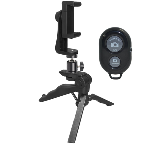 ECHIPAMENTE FOTO - Suport smartphone rotativ cu cap de bila, telecomanda wireless si trepied 2 in 1 tip pistol, prindere cu arc 8 cm, montura 1/4 inch, suport pliabil pentru streaming si vlogging
