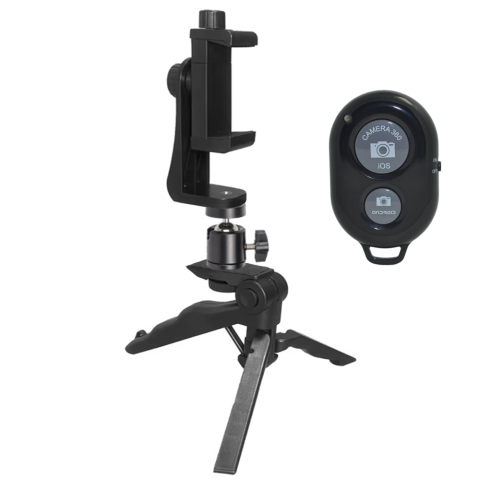 ECHIPAMENTE FOTO - Suport telefon multifunctional cu mini trepied, cap de bila flexibil si telecomanda Bluetooth, prindere prin surub 10 cm, montura 1/4 inch, ABS negru pentru vlogging si streaming