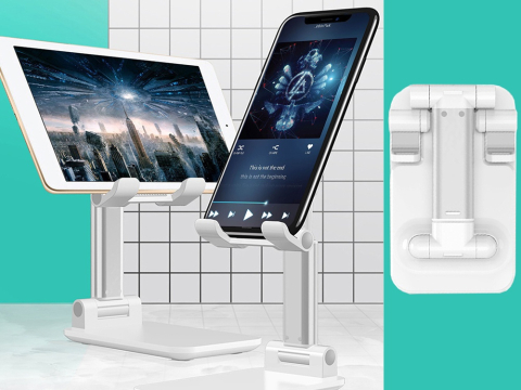 Suport telefon pliabil pentru smartphone si tableta pana la 10 inch (25.4 cm), reglabil, antiderapant, compact, alb [7]
