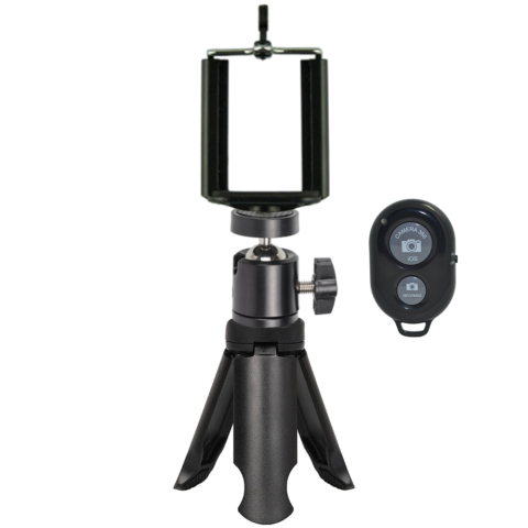 Suport telefon universal cu clips, cap cu bila reglabil si mini trepied de masa, montura 1/4 inch, ABS + metal, negru, baza antialunecare, telecomanda bluetooth