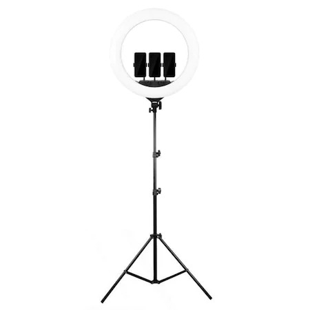 Trepiezi - Lampa circulara LED 56 cm diametru, trepied reglabil 200 cm + 3x suport telefon