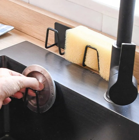 Suport universal autoadeziv pentru burete, otel inoxidabil, cu capac, rezistent la umezeala, 5x5 cm, negru – organizator compact pentru chiuveta si blat [5]