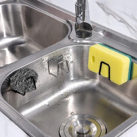 Suport universal autoadeziv pentru burete, otel inoxidabil, cu capac, rezistent la umezeala, 5x5 cm, negru – organizator compact pentru chiuveta si blat [7]