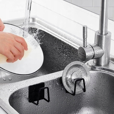 Suport universal autoadeziv pentru burete, otel inoxidabil, cu capac, rezistent la umezeala, 5x5 cm, negru – organizator compact pentru chiuveta si blat [8]