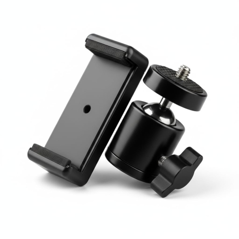 Suport universal pentru telefon cu prindere cu arc si cap de bila metalic 360°, montura 1/4 inch, deschidere 5–8.5 cm, negru [1]