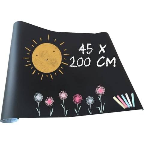Alte jucarii copii - Tabla adeziva neagra pentru scris si desenat, 200 x 45 cm, cu folie autoadeziva tip tabla de scris si 5 x crete colorate, ideala pentru scoala, acasa sau restaurant