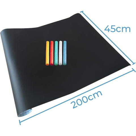 Tabla adeziva neagra pentru scris si desenat, 200 x 45 cm, cu folie autoadeziva tip tabla de scris si 5 x crete colorate, ideala pentru scoala, acasa sau restaurant [14]