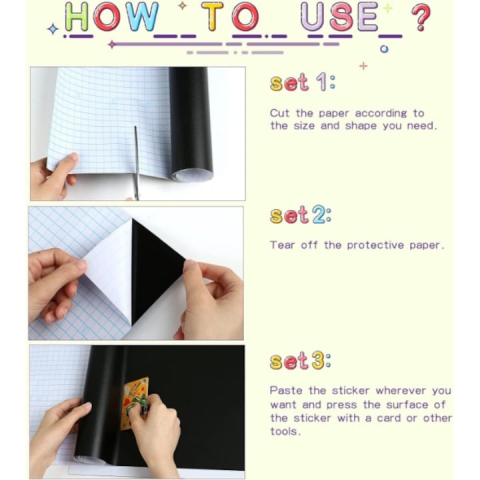 Tabla adeziva neagra pentru scris si desenat, 200 x 45 cm, cu folie autoadeziva tip tabla de scris si 5 x crete colorate, ideala pentru scoala, acasa sau restaurant [9]