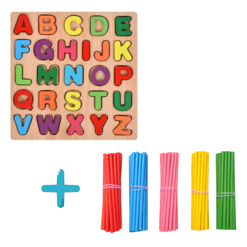 JOCURI ȘI JUCĂRII - Tabla alfabet din lemn cu litere colorate + 100 betisoare de numarat, set educativ copii pentru invatare litere si cifre