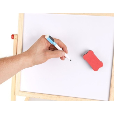 Tabla cu doua fete tip sevalet cu tavita depozitare, numaratoare, ceas, numere, marker, creta si burete incluse, dimensiune 34x42x65 cm [1]