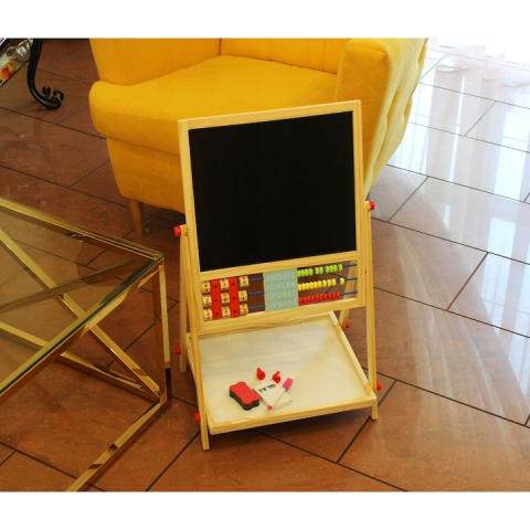 Tabla cu doua fete tip sevalet cu tavita depozitare, numaratoare, ceas, numere, marker, creta si burete incluse, dimensiune 34x42x65 cm [10]