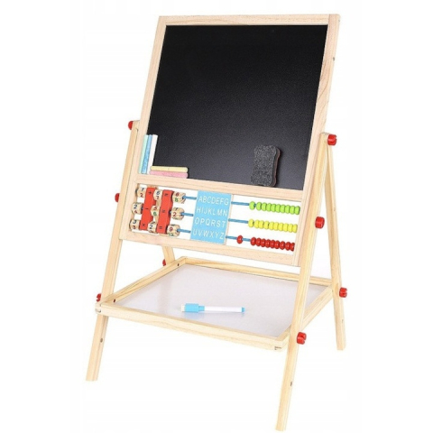 Alte jucarii copii - Tabla cu doua fete tip sevalet cu tavita depozitare, numaratoare, ceas, numere, marker, creta si burete incluse, dimensiune 34x42x65 cm