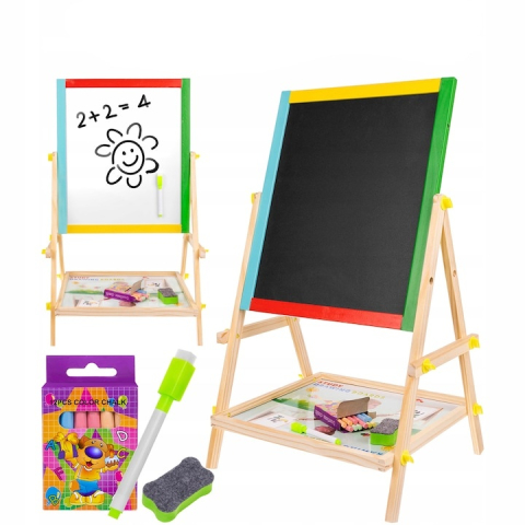 Tabla cu doua fete tip sevalet cu tavita depozitare, rama colorata, marker, creta si burete incluse, dimensiune 34x42x65 cm [2]