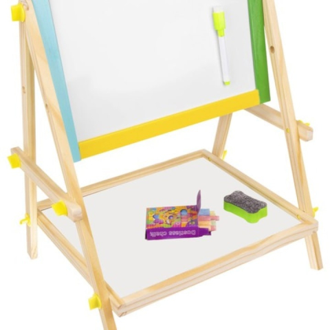 Tabla educativa pentru copii, cu doua fete, suport lemn, 65.5x40x33 cm, cu marker, burete si creta, multicolor [2]