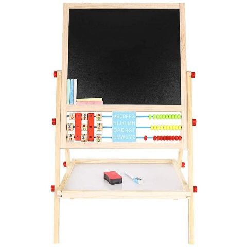 Jucării de desenat - Tablita magnetica interactiva pentru copii, cu 2 fete, suport lemn, socotitoare, marker, burete si creta, alb-negru