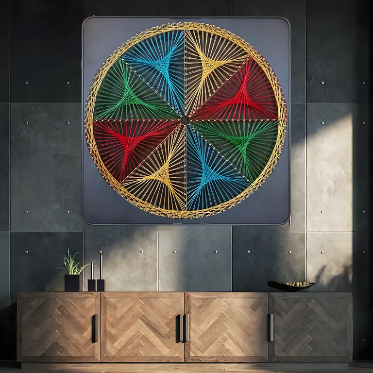 Tablou string art multicolor 30 x 30 cm, decoratiune handmade cu fire colorate si model geometric circular, kit creativ pentru perete [3]