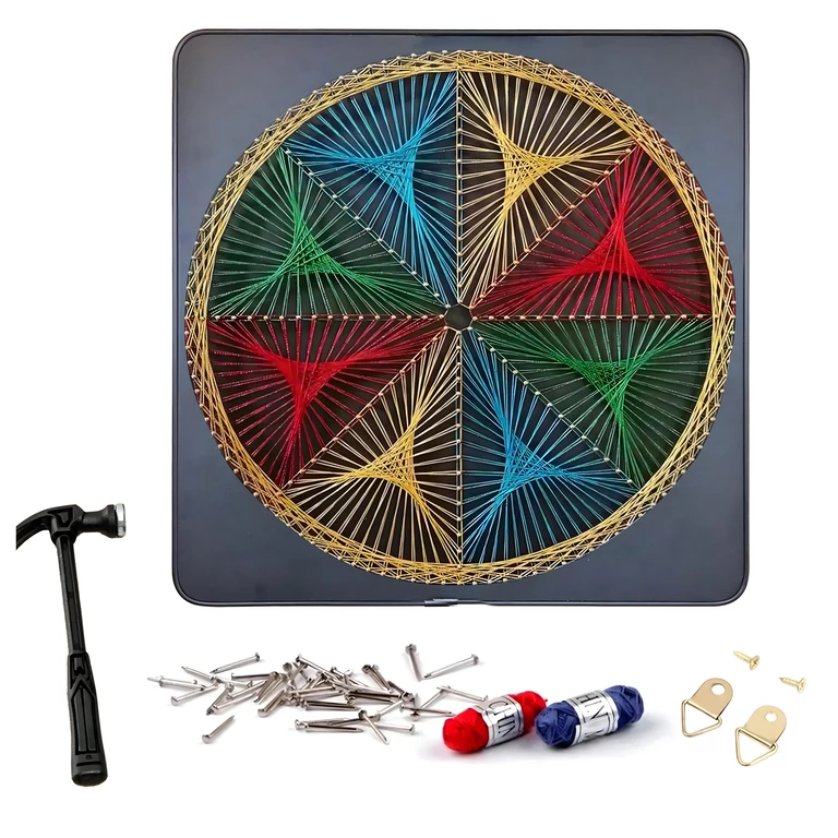 Diverse accesorii papetarie - Tablou string art multicolor 30 x 30 cm, decoratiune handmade cu fire colorate si model geometric circular, kit creativ pentru perete