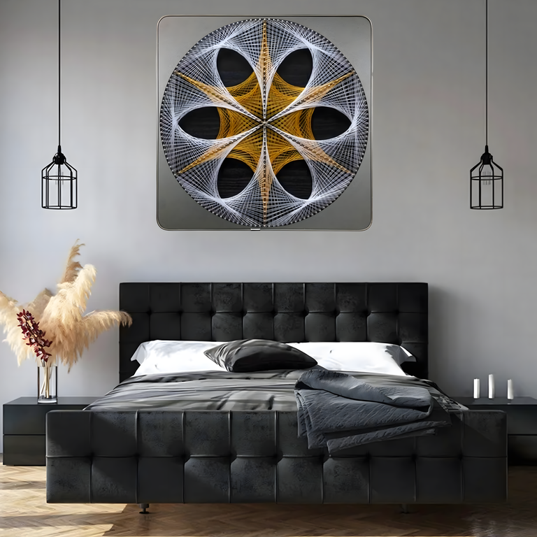 Tablou String Art negru 40 x 40 cm, model geometric cu fire alb-auriu, decoratiune moderna pentru perete, kit creativ cu accesorii [6]