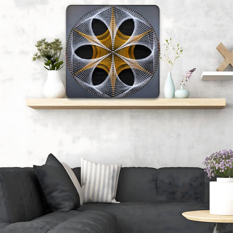 Tablou String Art negru 40 x 40 cm, model geometric cu fire alb-auriu, decoratiune moderna pentru perete, kit creativ cu accesorii [1]