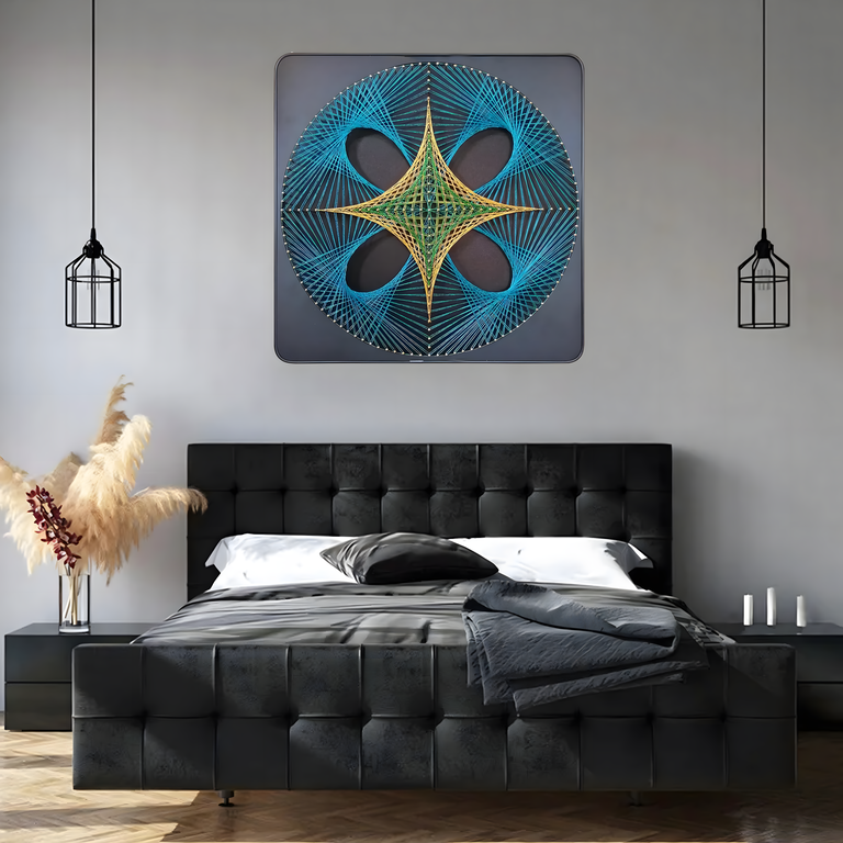 Tablou String Art negru 40 x 40 cm, model geometric cu fire albastre, aurii si verzi, decor modern pentru perete, kit creativ DIY [7]