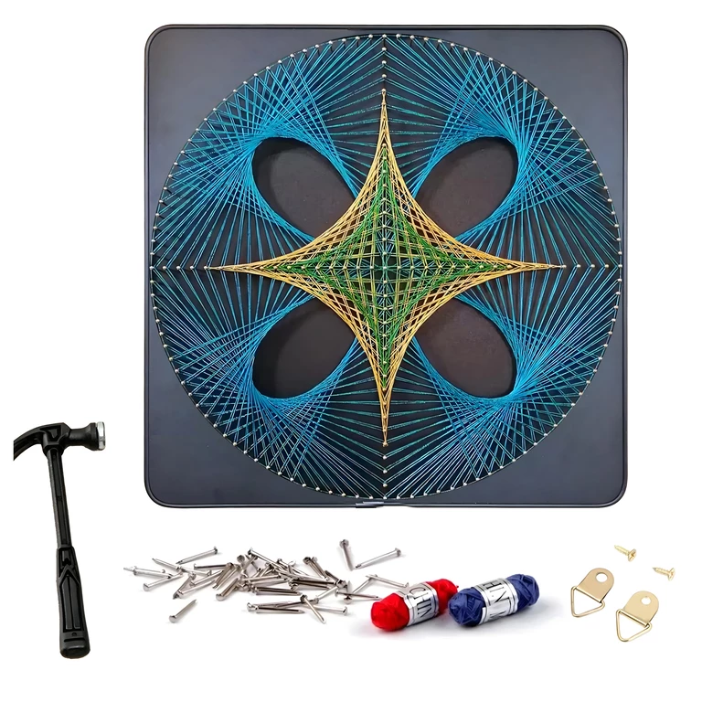 Diverse accesorii papetarie - Tablou String Art negru 40 x 40 cm, model geometric cu fire albastre, aurii si verzi, decor modern pentru perete, kit creativ DIY