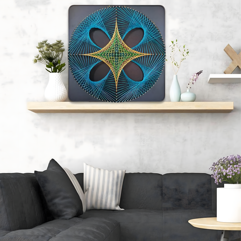 Tablou String Art negru 40 x 40 cm, model geometric cu fire albastre, aurii si verzi, decor modern pentru perete, kit creativ DIY [1]