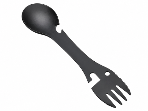 Supravietuire - Tacâm multifunctional camping 5 in 1, negru, lingura, furculita, cutit, deschizator conserve si sticle