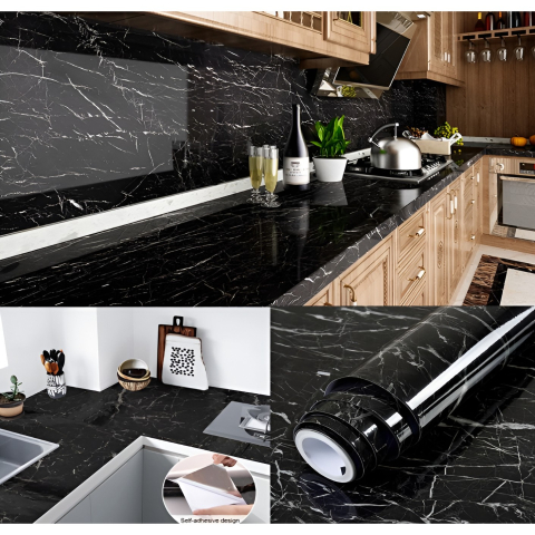 Tapet autocolant negru 100 x 40 cm, model marmura cu insertii albe [4]