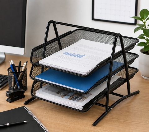 Tavita pentru documente, negru, 3 niveluri, 295 x 265 x 345 mm, organizator metalic tip mesh pentru birou [3]