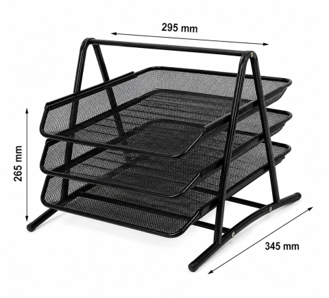 Tavita pentru documente, negru, 3 niveluri, 295 x 265 x 345 mm, organizator metalic tip mesh pentru birou [2]