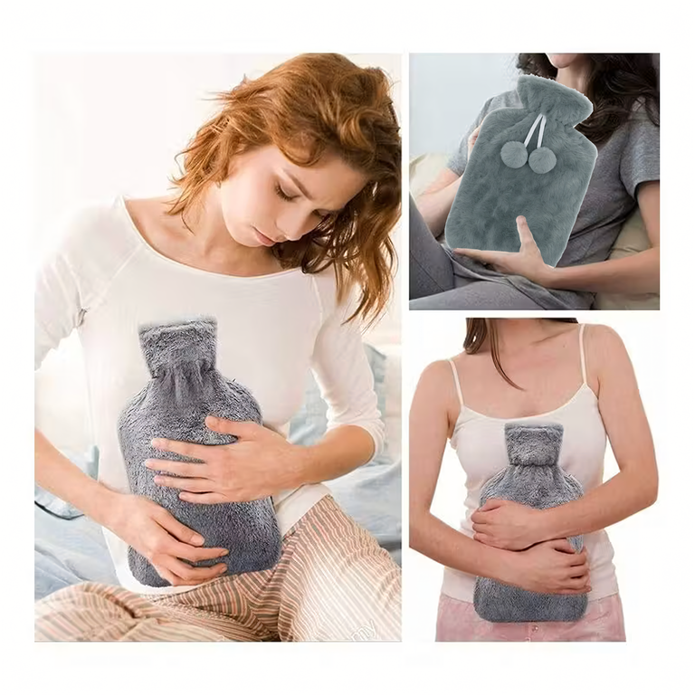 Termofor gri 0,5 L, 23,5 x 12,5 cm, sticla pentru apa calda cu husa pufoasa si pompoane, reutilizabil pentru incalzire si confort [8]